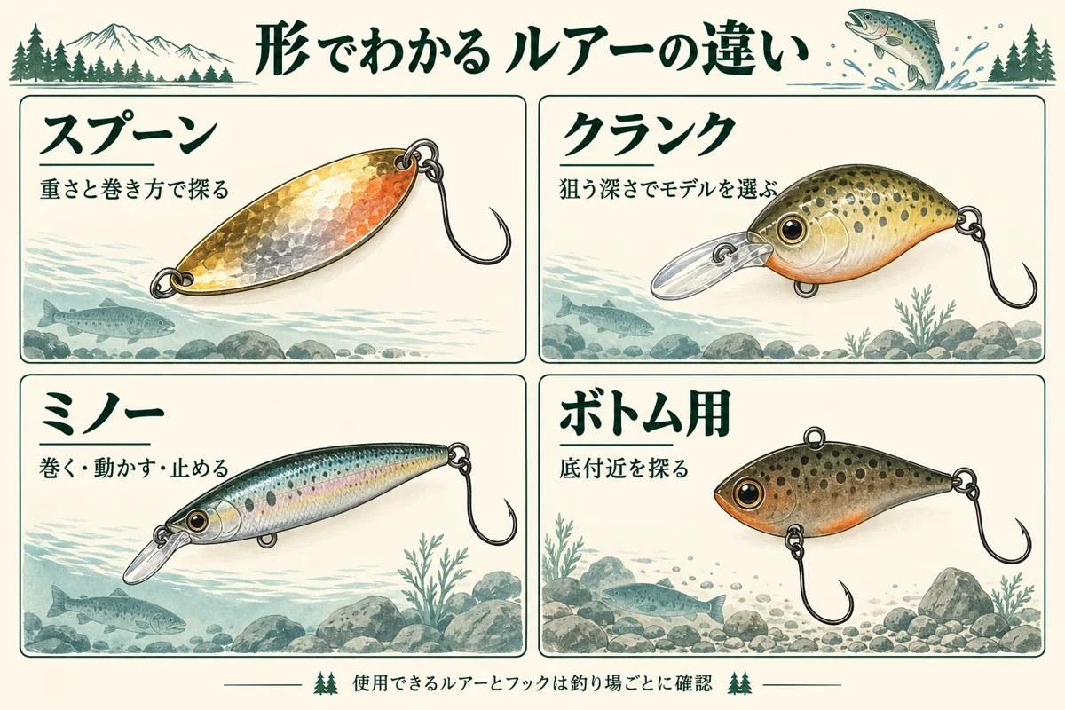 スプーンは重さと巻き方、クランクは狙う深さ、ミノーは巻く・動かす・止める操作、ボトム用は底付近を探るという違い