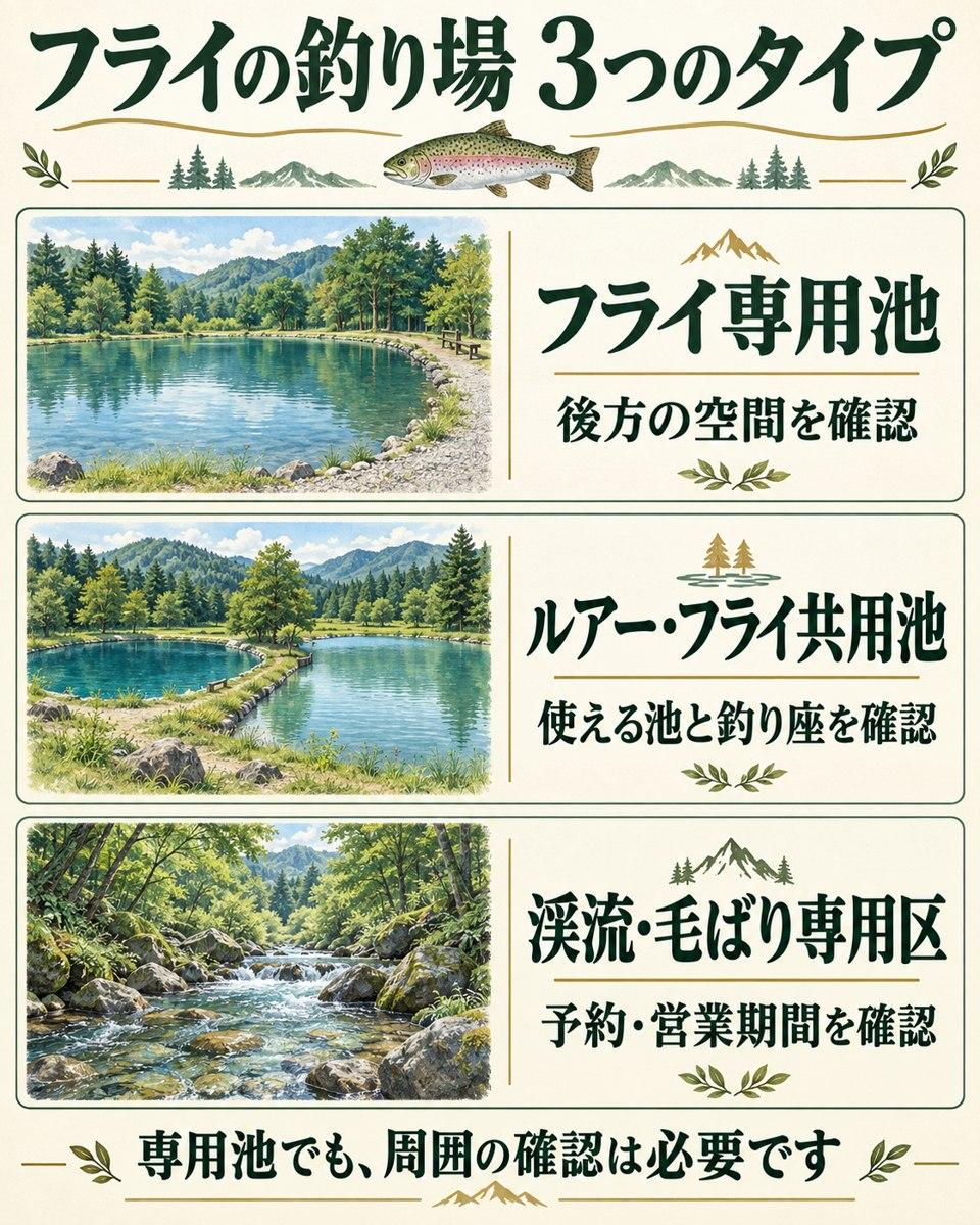 フライ専用池は後方の空間、共用池は使える池と釣り座、渓流・毛ばり専用区は予約と営業期間を確認する図解