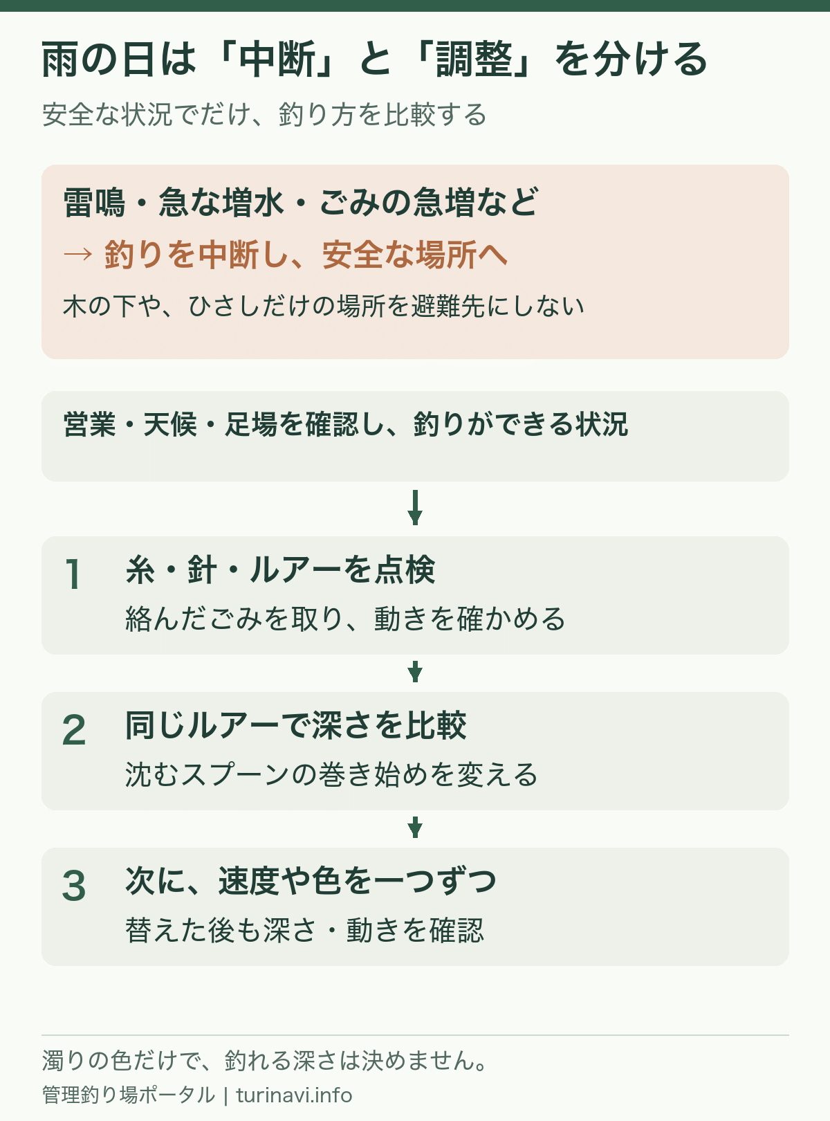 雨の日の雷や増水では中断し、安全な状況でだけ深さ・速度・色を比べる判断フロー