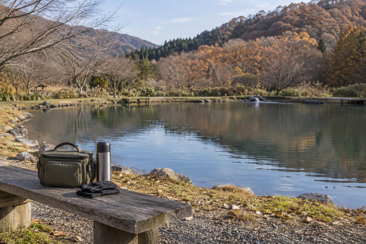落葉した木々に囲まれた池と、ベンチに置いたバッグ・水筒・手袋